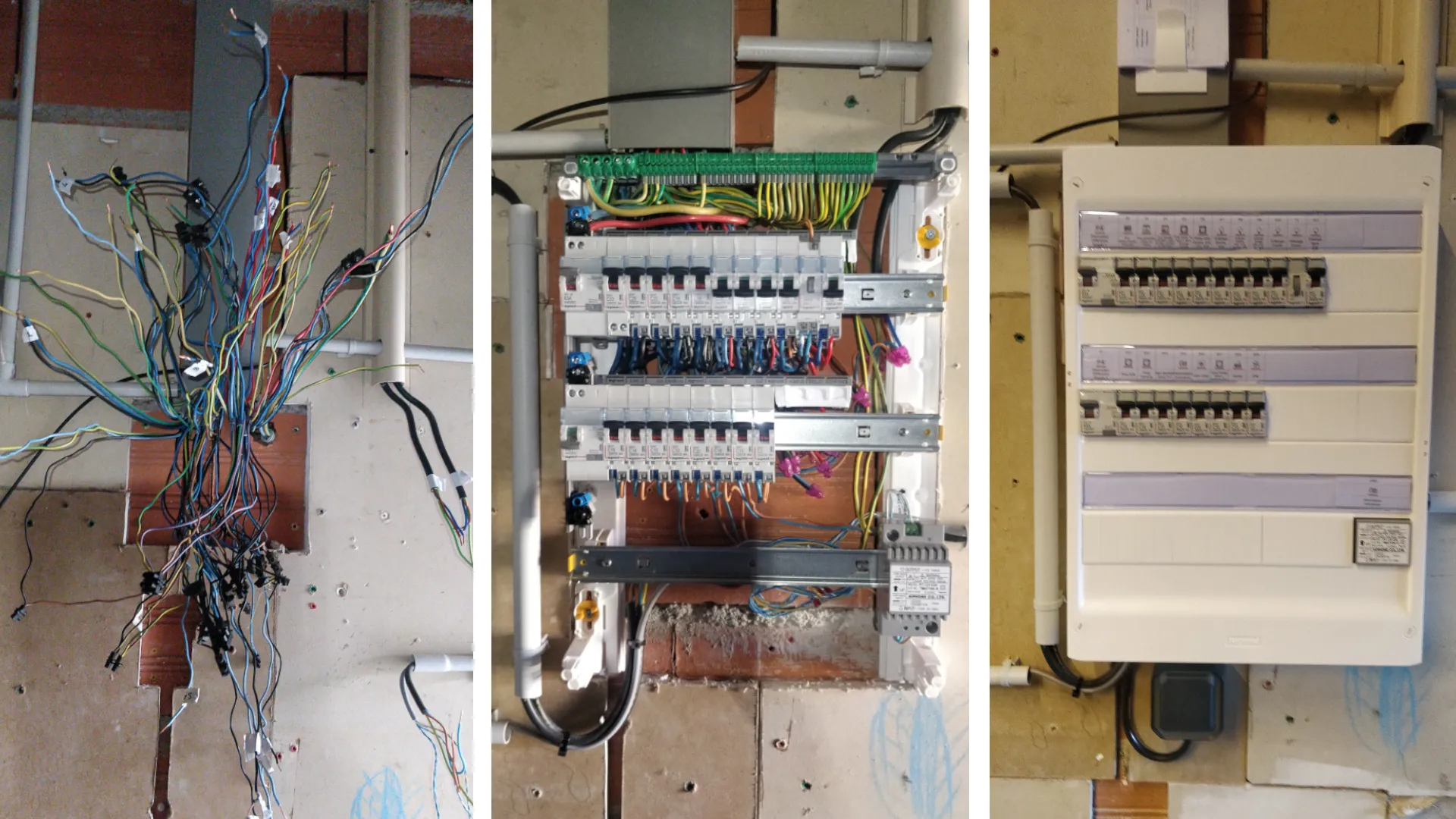 Evolution en trois étapes de l'installation d'un tableau électrique chez un particulier